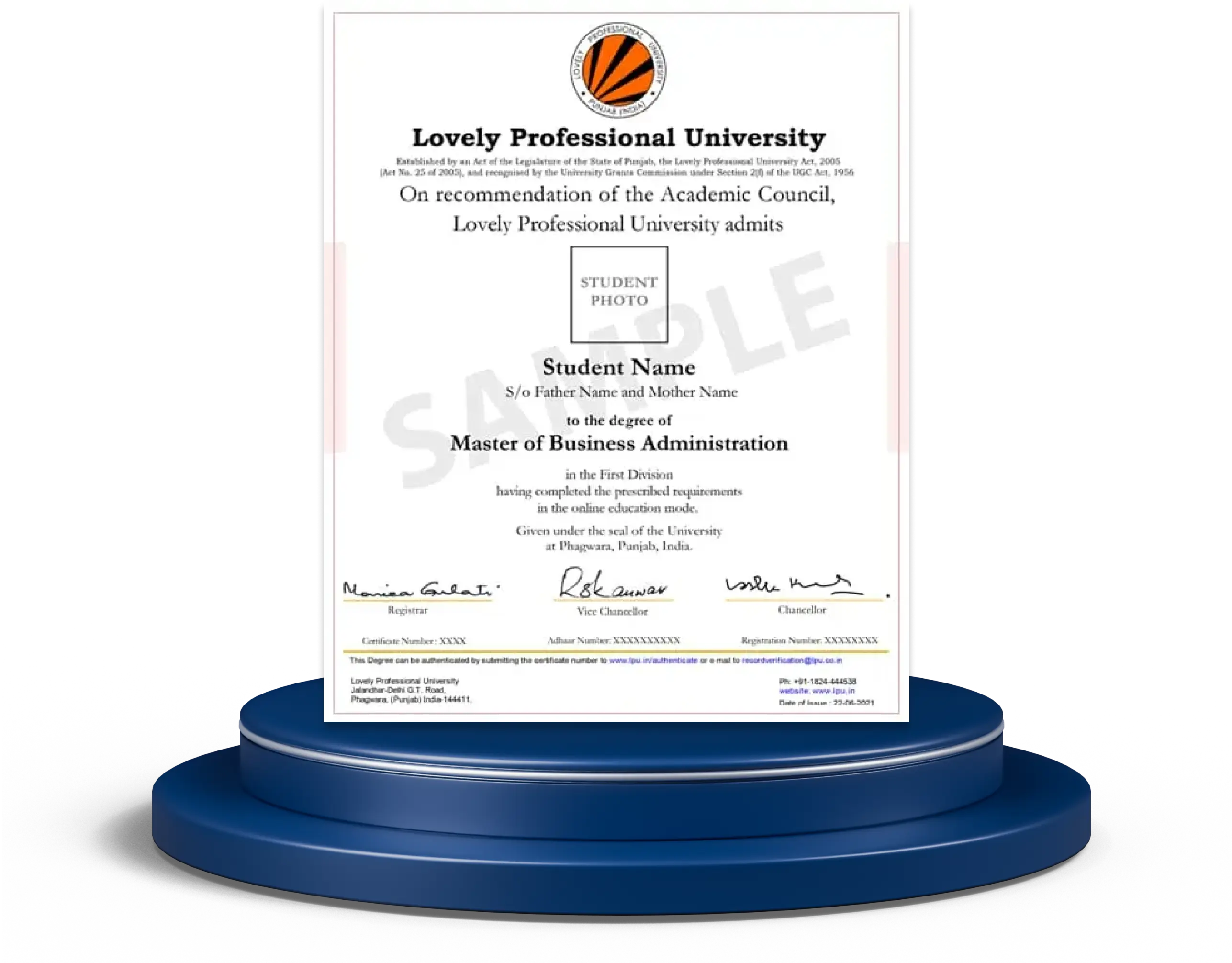 Sample LPU Online degree certificate